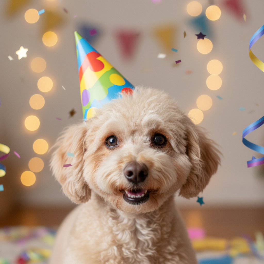 알록달록한 파티 모자를 쓴 귀여운 푸들의 클로즈업 샷. 초롱초롱한 눈망울과 웃는 듯한 표정이 돋보이며, 배경은 보케 효과로 부드럽게 처리된 실내 파티 공간.