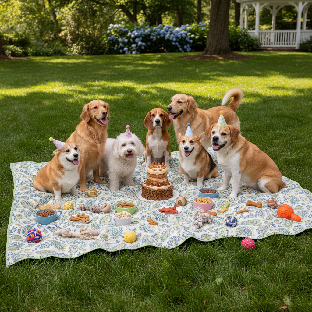 푸른 잔디밭 위 피크닉 매트에서 여러 마리의 강아지들이 모여 생일 파티를 즐기는 모습. 강아지용 간식과 장난감이 흩어져 있고 햇살이 내리쬐는 평화로운 야외 풍경.