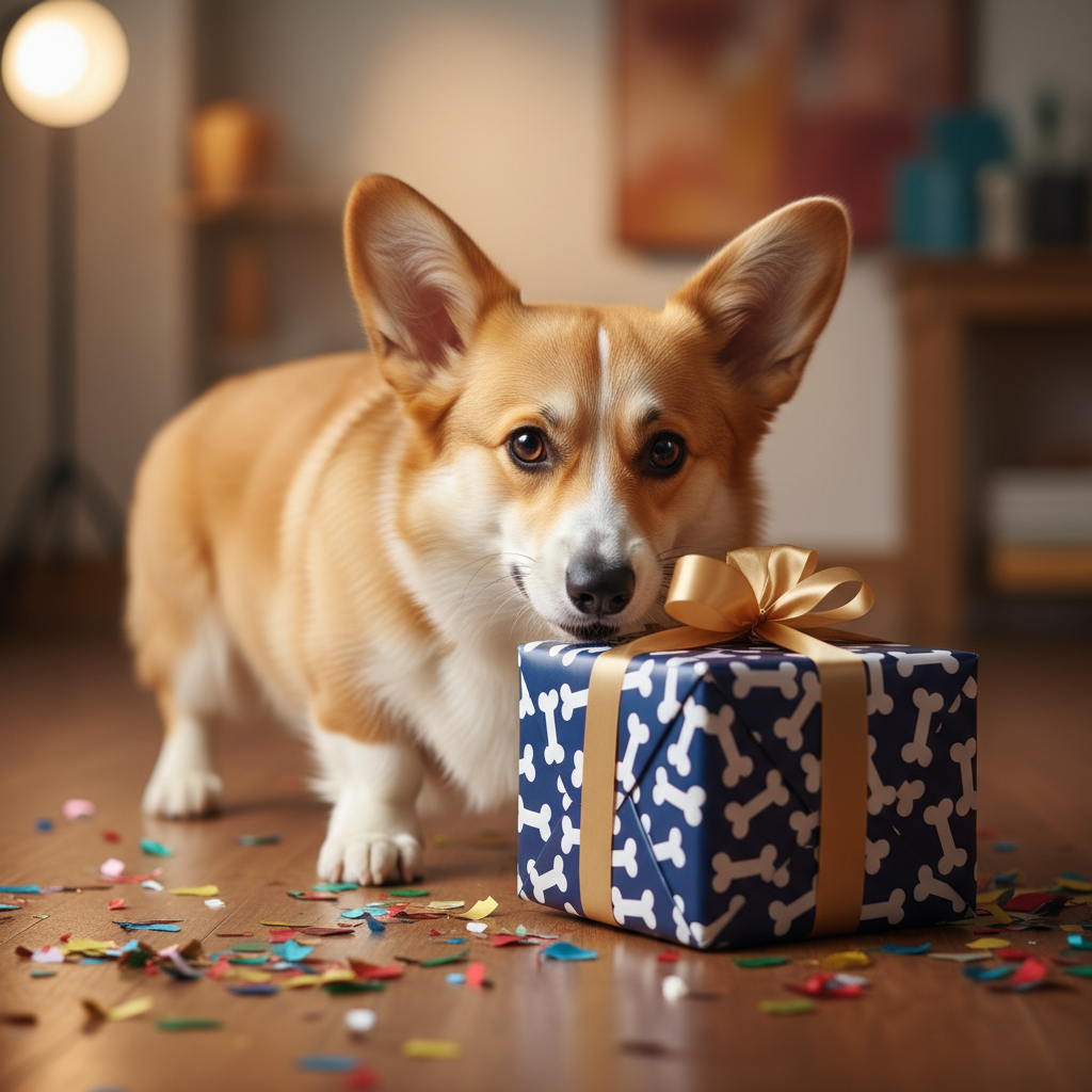 뼈다귀 모양 패턴의 포장지로 싸인 선물 상자를 호기심 가득한 표정으로 뜯으려는 웰시코기의 생동감 넘치는 모습. 바닥에는 화려한 색상의 컨페티가 뿌려져 있다.