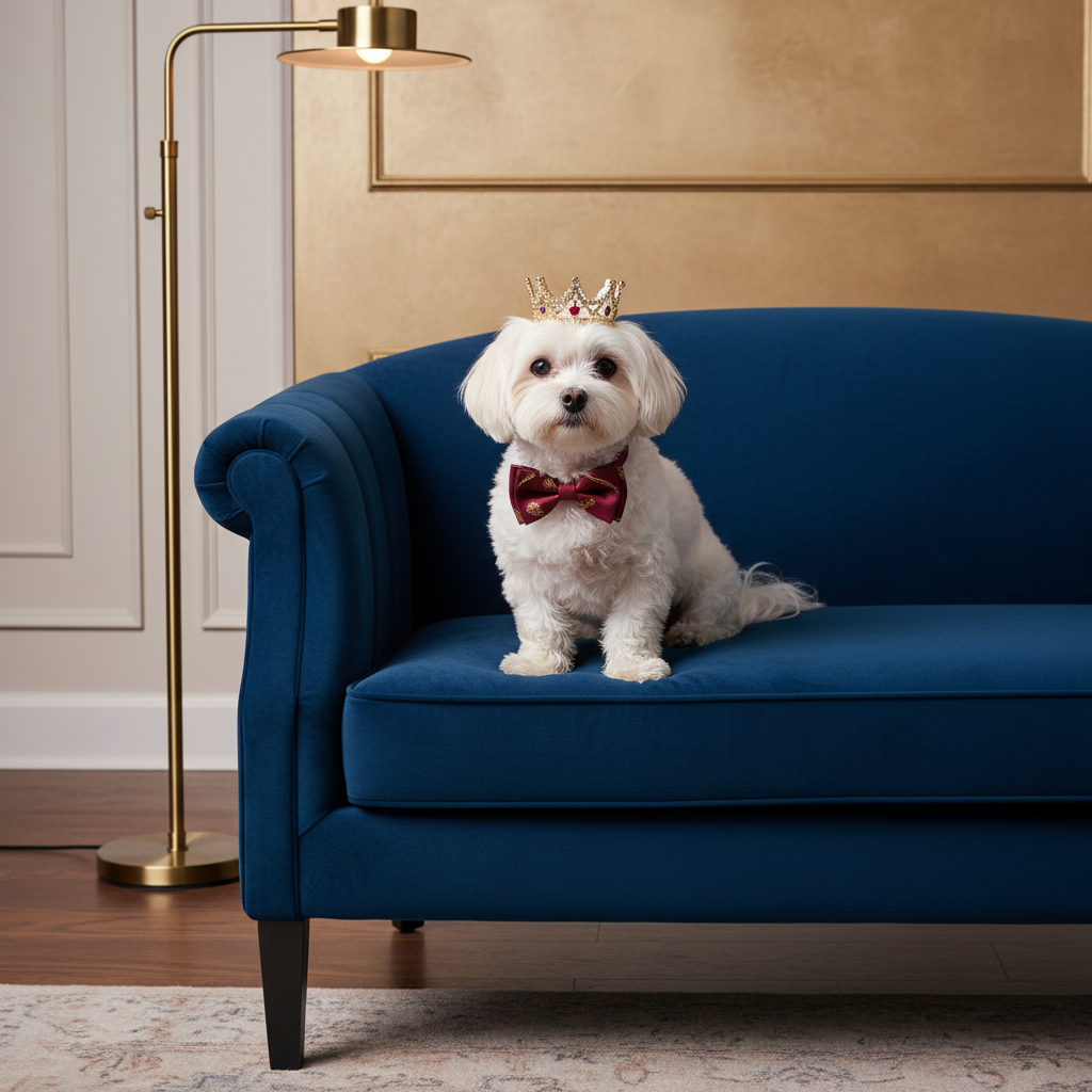 고급스러운 벨벳 소파 위에 앉아 나비넥타이와 작은 왕관을 쓴 말티즈의 우아한 초상화. 깔끔하고 세련된 인테리어를 배경으로 한 스튜디오 품질의 이미지.
