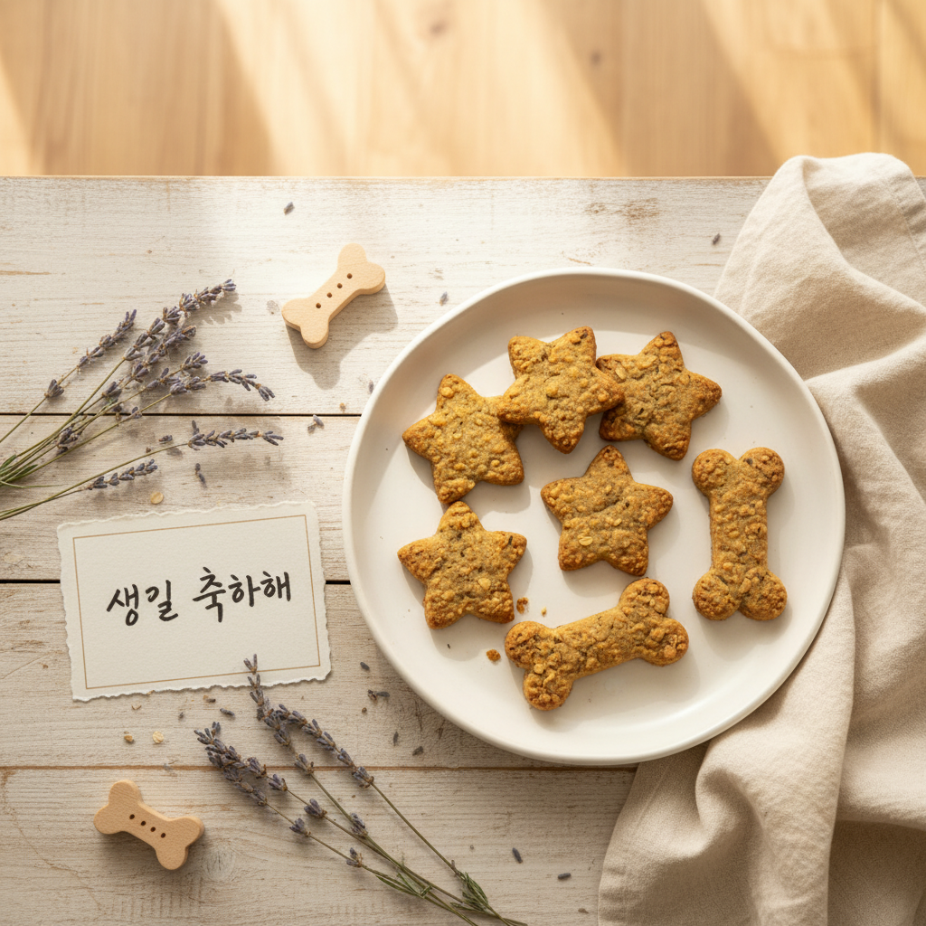 별과 뼈다귀 모양의 유기농 강아지 쿠키가 정갈하게 담긴 접시의 항공샷. 접시 옆에는 '생일 축하해'라는 문구가 적힌 작은 카드가 놓여 있으며 감성적인 분위기 연출.