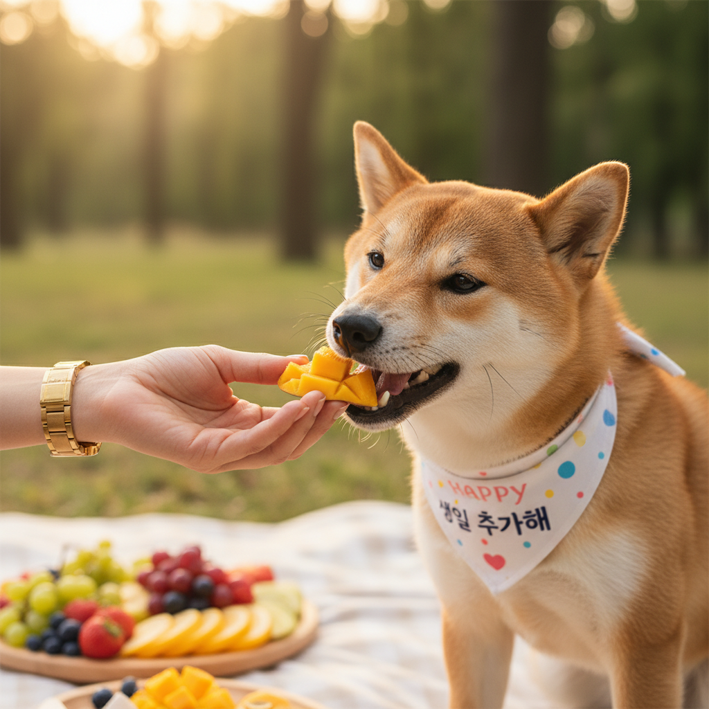 생일 반다나를 목에 두른 시바견이 주인으로부터 맛있는 과일 간식을 받아먹으며 행복해하는 순간을 포착한 감성적인 사진. 사람의 손과 강아지의 교감이 느껴지는 구도.