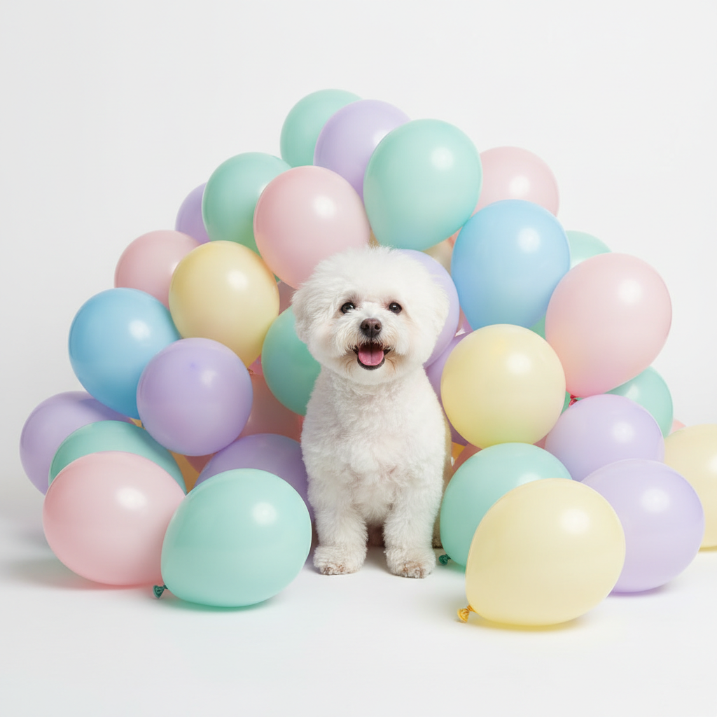 미니멀한 화이트 배경에 파스텔 색상의 풍선들이 가득 차 있고, 그 중앙에서 환하게 웃고 있는 비숑 프리제의 전신 샷. 깨끗하고 밝은 느낌의 광고용 이미지.
